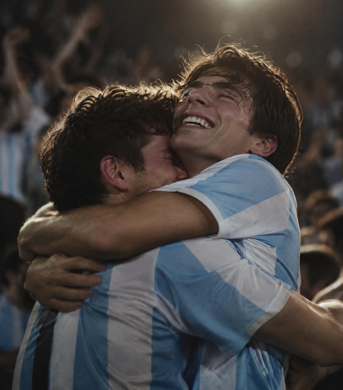 Dos hinchas de Racing abrazándose en la tribuna